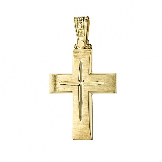 Solid Triantos 14K Gold Orthodox Christian cross with brush-stroke like finish. In the middle a Chiseled Polish Cross for design in white gold.