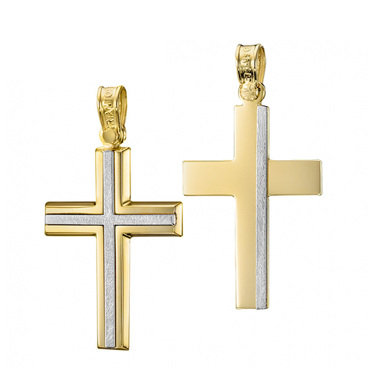 g reversible cross pendant necklace from Triantos Jewelry. This unique piece features a polished 14k yellow gold finish and a sand-blasted white gold design, offering a symmetrical or asymmetrical look to match your mood and style