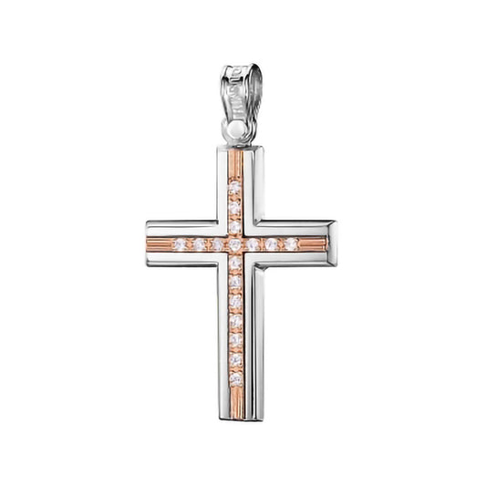 14K White Gold Cross Pendant With Dual Tone Rose-Gold Center and Sparkling Stones