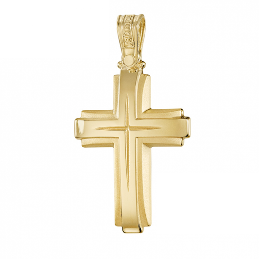 Triantos Greek Gold Cross  With a unique combination of matte and polished finishes and a chiseled centre 