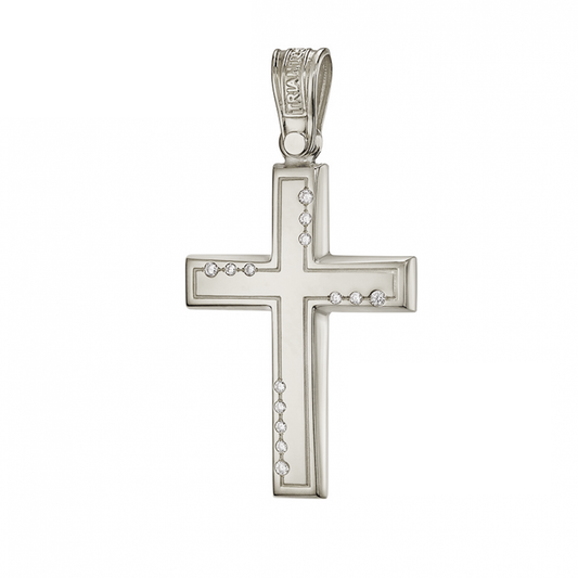 Modern White Gold Cross Pendant with Asymmetrical Stone Design