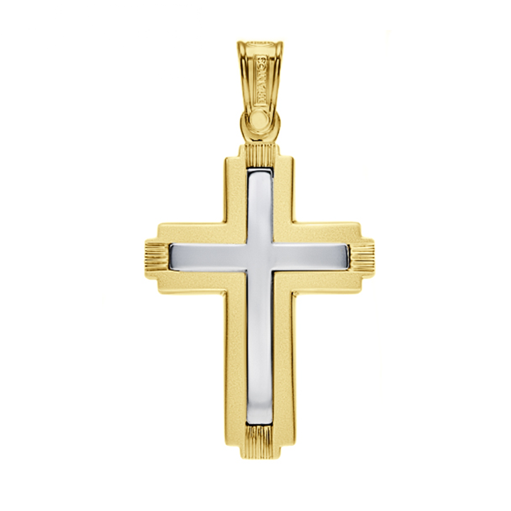 Modern cross pendant outlined in matte and polish middle finish.