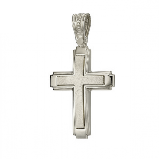 Christian Baptism White Gold Cross With Textured Brush Inlay