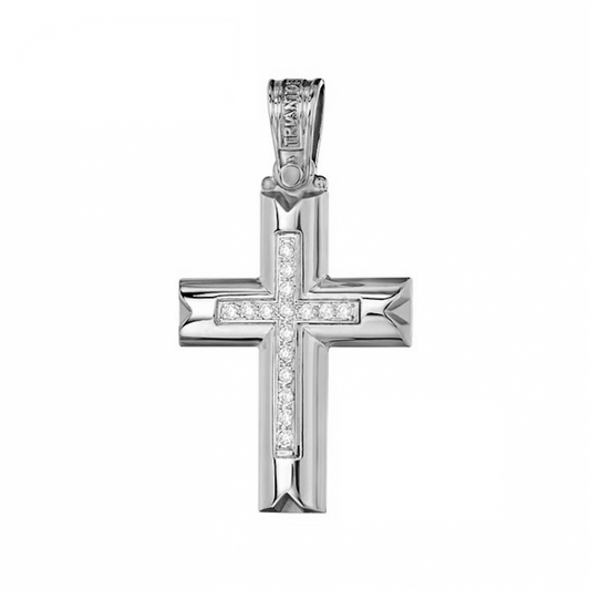 Polished White Gold Cross Necklace with Sparkling Center Stone