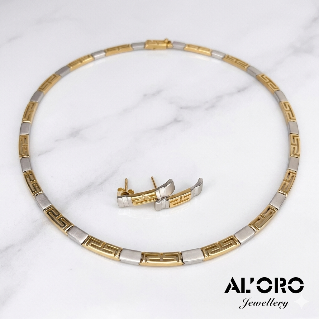 Greek Key 14K Gold Demi Parure Jewelry Suit Matching Necklace and Earrings