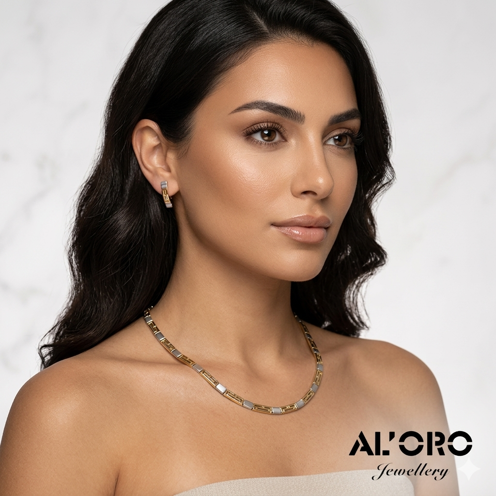 Greek Key 14K Gold Demi Parure Jewelry Suit Matching Necklace and Earrings