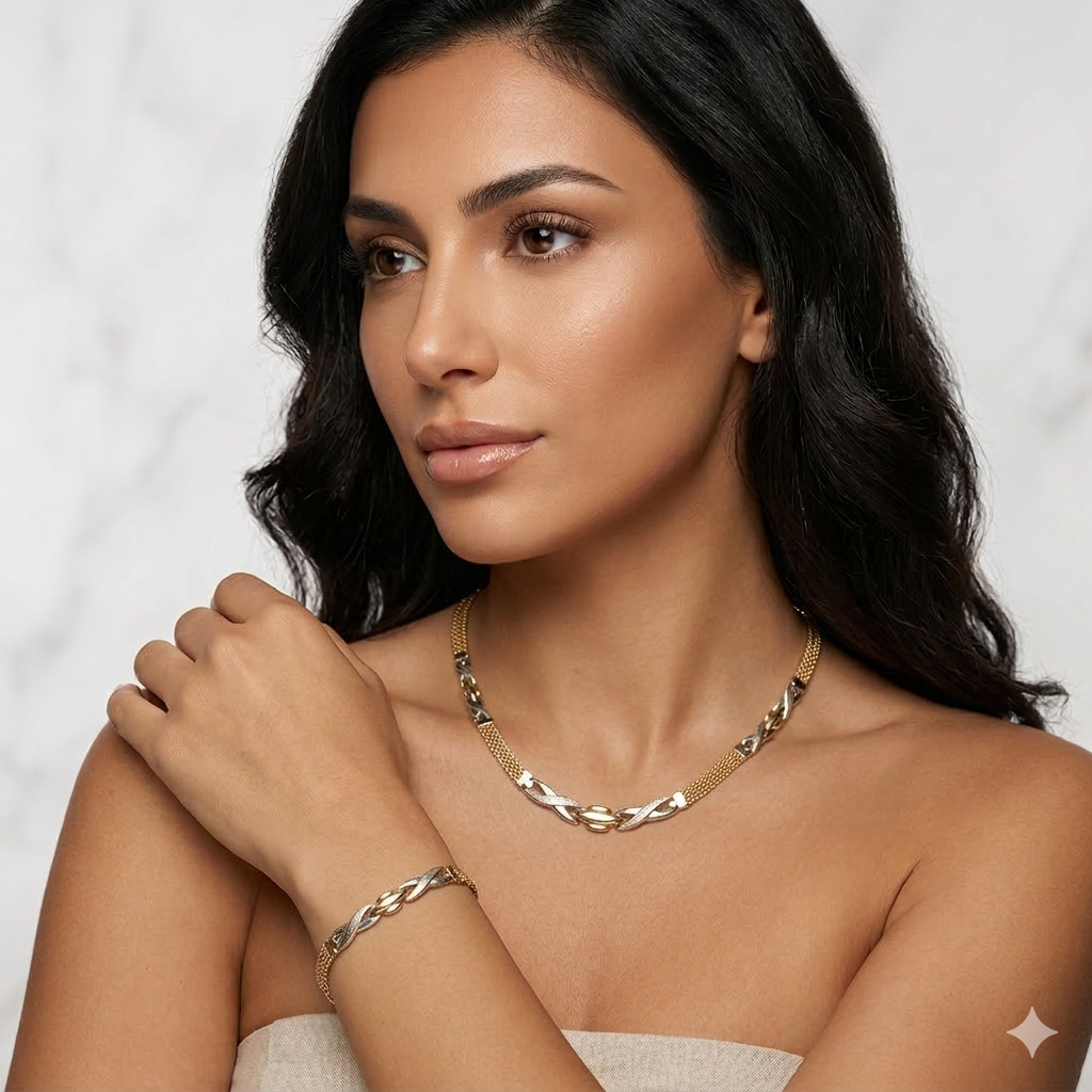 Greek Key 14K Gold Demi Parure Jewelry Suit Matching Necklace and Bracelet