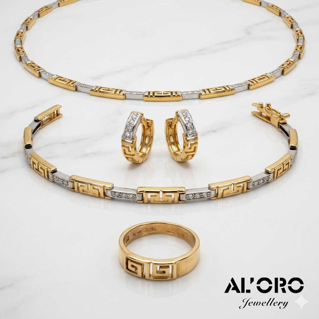 Greek Key with Stones 14K Gold Full Parure Jewelry Set Matching Necklace Bracelet Ring and Earings