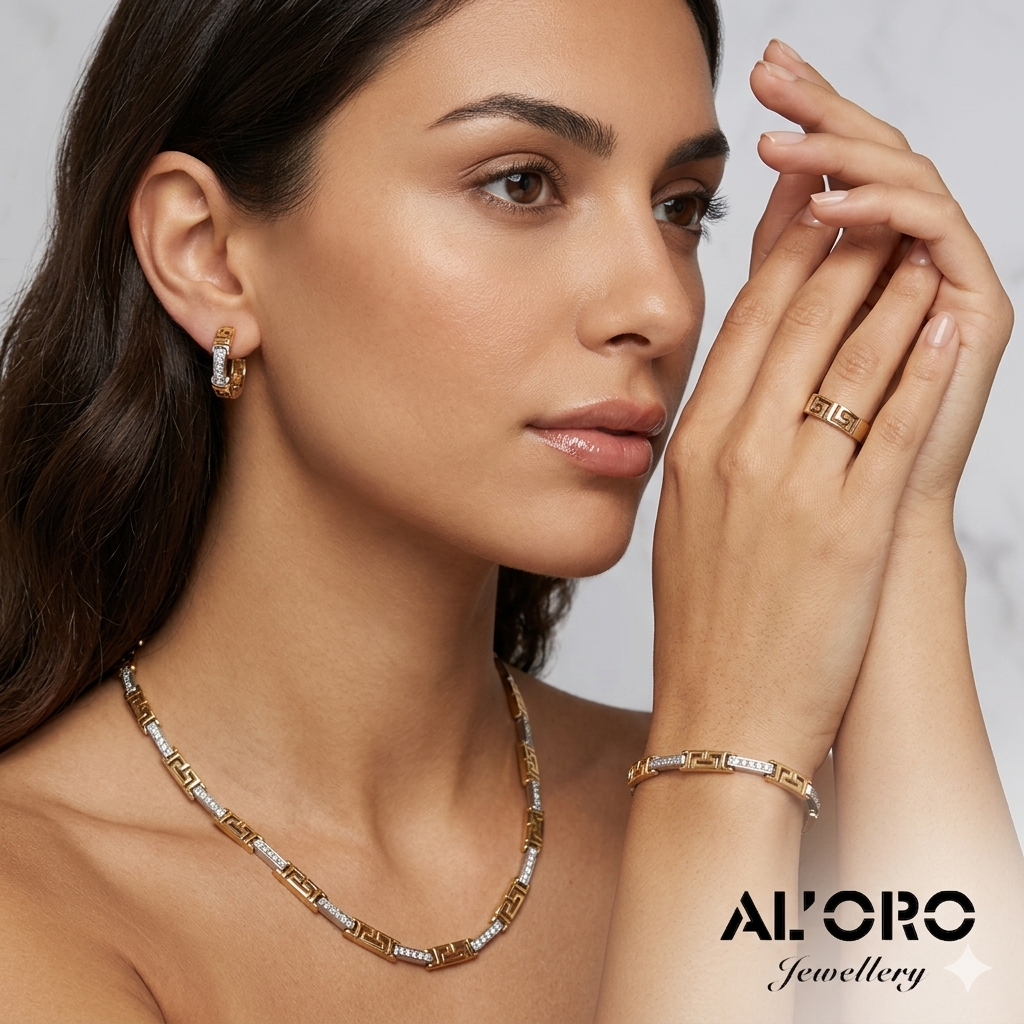 Greek Key with Stones 14K Gold Full Parure Jewelry Set Matching Necklace Bracelet Ring and Earings