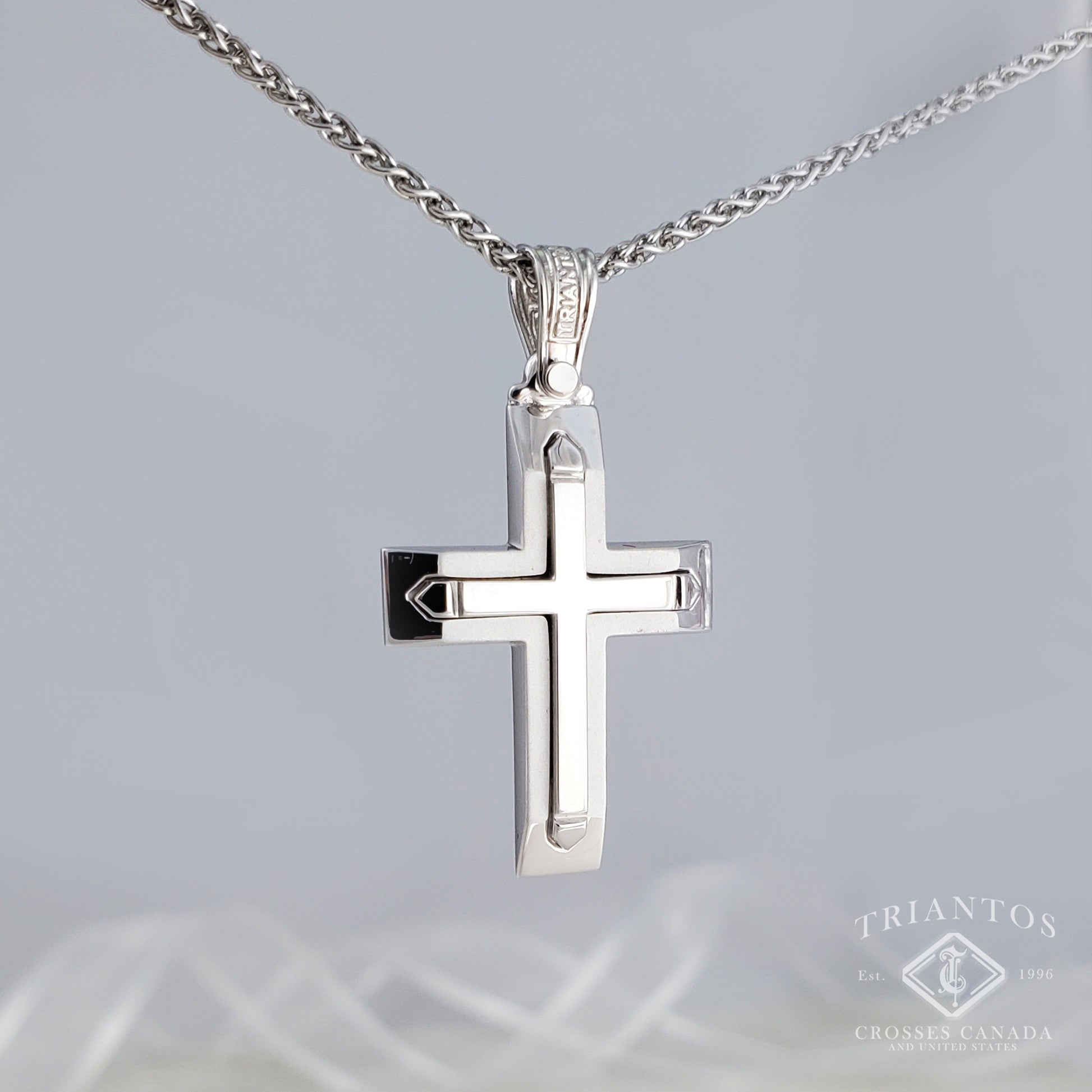 unisex Orthodox Christian Triantos cross pendant made in Greece suspended on a white gold chain