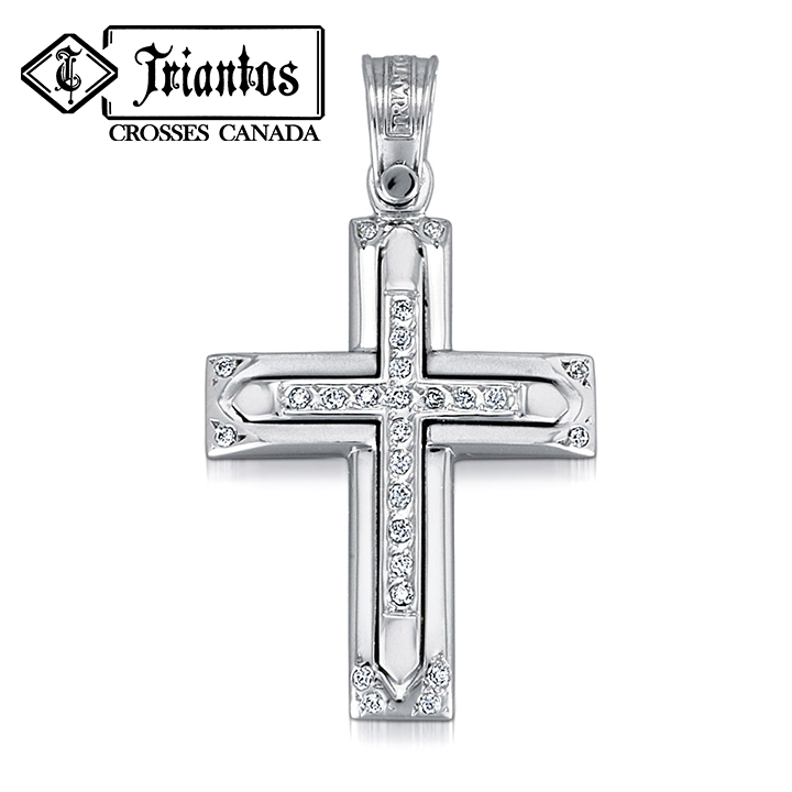 Triantos Orthodox Christian cross pendant made in Greece with 14K White gold for woman with 26 diamond shaped stones for baptism engagement religious catholic celebration 