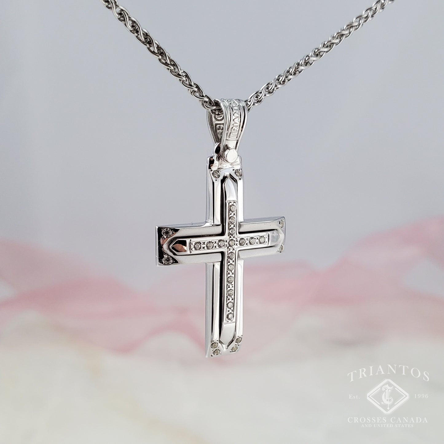 Triantos Orthodox Christian cross pendant made in Greece with 14K White gold for woman with 26 diamond shaped stones for baptism engagement religious catholic celebration 