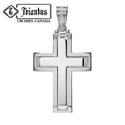 Solid Triantos Gold Orthodox Christian cross within white gold with a polished center and a matte outline. 