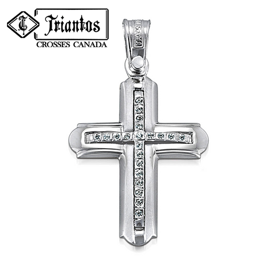 White Gold Triantos cross made in greece  with 21 cubic zerconia stones with a matte and polished finished for woman baptism or engagement