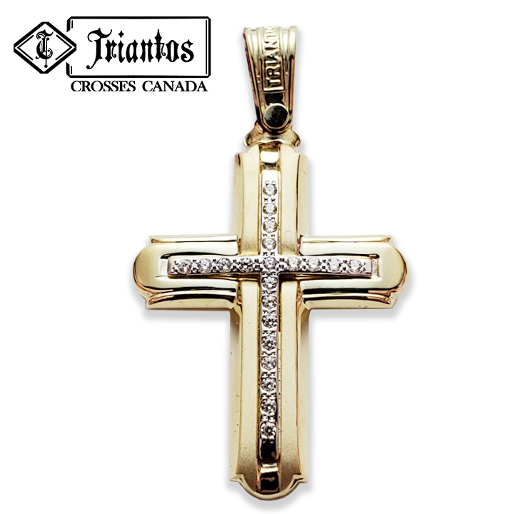 White Gold Triantos cross made in greece with 21 cubic zerconia stones with a matte and polished finished for woman baptism or engagement