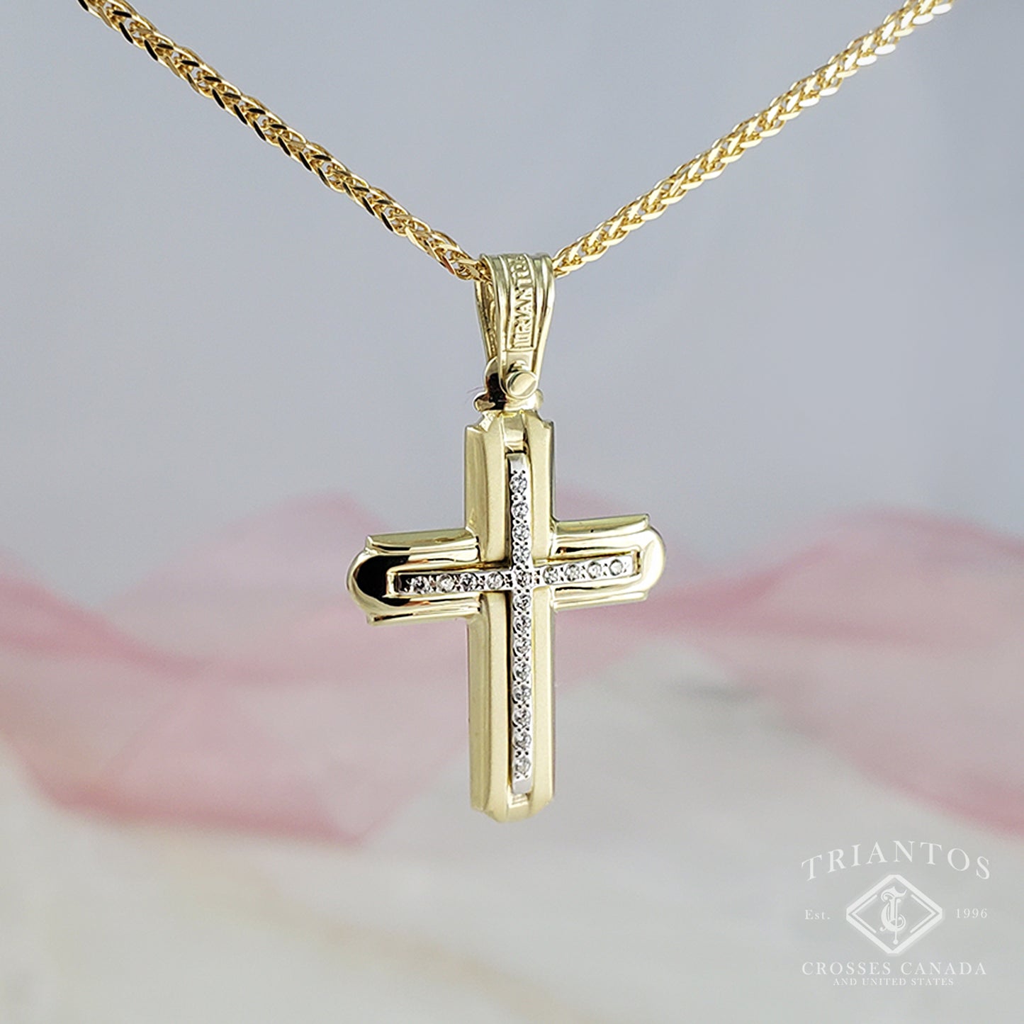 White Gold Triantos cross made in greece with 21 cubic zerconia stones with a matte and polished finished for woman