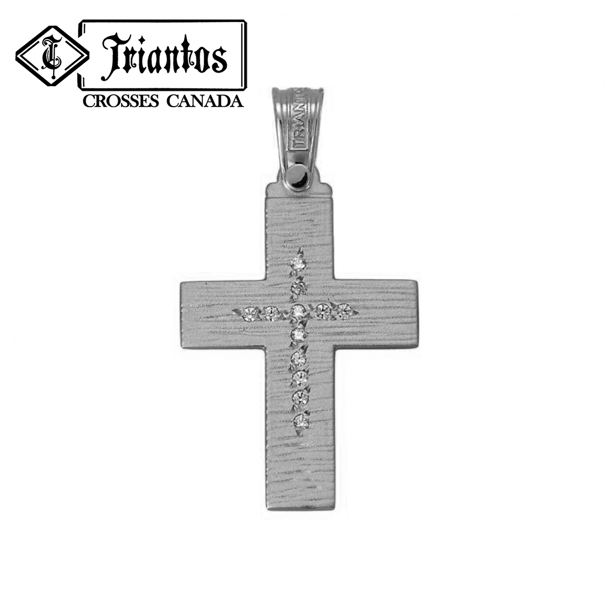 14K White Gold Cross Pendant with Brushed Effect and Stones