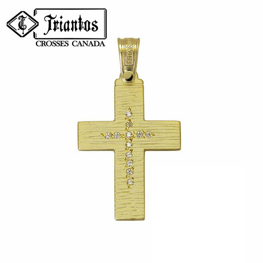 greek yellow gold cross with stones and a brushed texture 