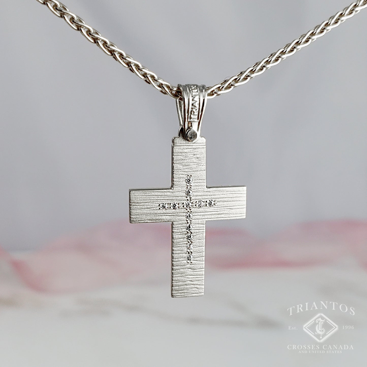 14K White Gold Cross Pendant with Brushed Effect and Stones