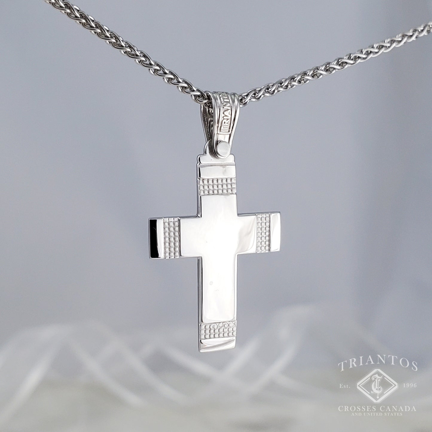 Solid Triantos 14K Gold Orthodox Christian cross in White Gold suspended on a gold chain 