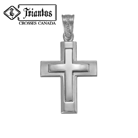 Modern religious cross with a polished concave vertical center and matte convex horizontal middle that surrounds a cross in the center