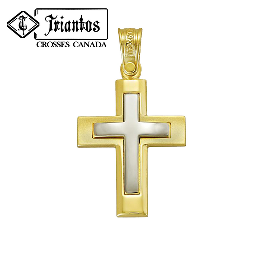 Modern religious cross with concave vertical center and convex horizontal middle in yellow gold that surrounds a white gold cross in the center.