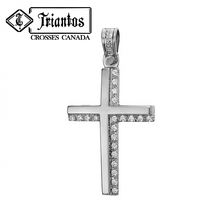 feminine white gold cross with 21 cubic zirconia diamond-shaped stones on the right and bottom of the solid white cross 