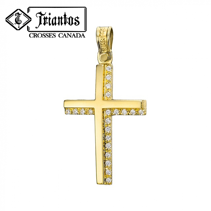 feminine yellow gold cross with 21 cubic zirconia diamond-shaped stones on the right and bottom of the solid yellow cross 