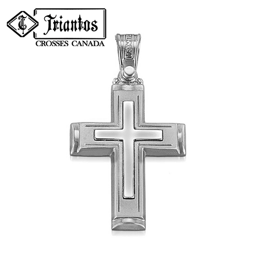 Modern cross pendant made in white gold with high polish edges and a matte finish outline that surrounds a polished white gold cross in the center