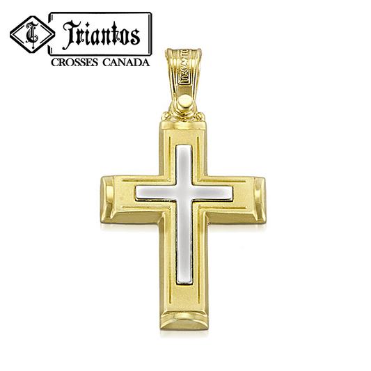 Modern dual-tone cross pendant with yellow gold high polish edges and a matte finish in the center surrounding a polished white gold cross.