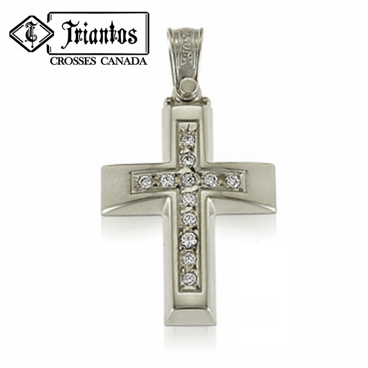 14K White Gold Cross With Stones