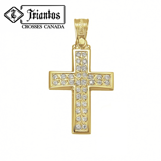 Double Stone Row Cross Necklace Charm in 14K Gold Yellow Gold