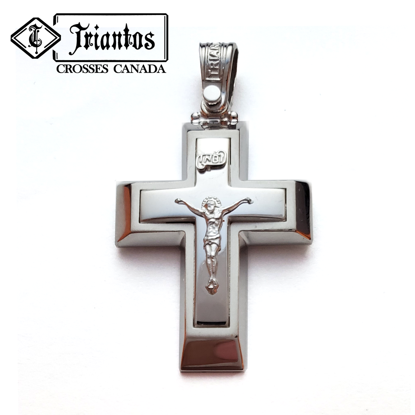 14K White Gold Jesus Crucifix Cross Pendant Necklace. 