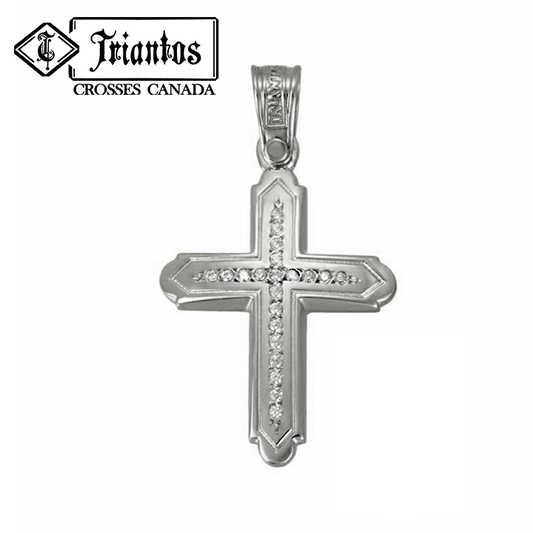 Woman's White gold cross pendant centered with 21 Sparkling cubic zirconia diamond-shaped stones and edged outline