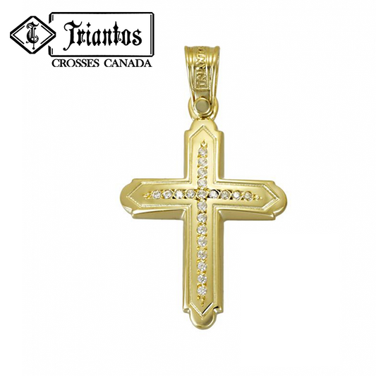 Woman's yellow gold cross pendant centered with 21 Sparkling cubic zirconia diamond-shaped stones and edged outline