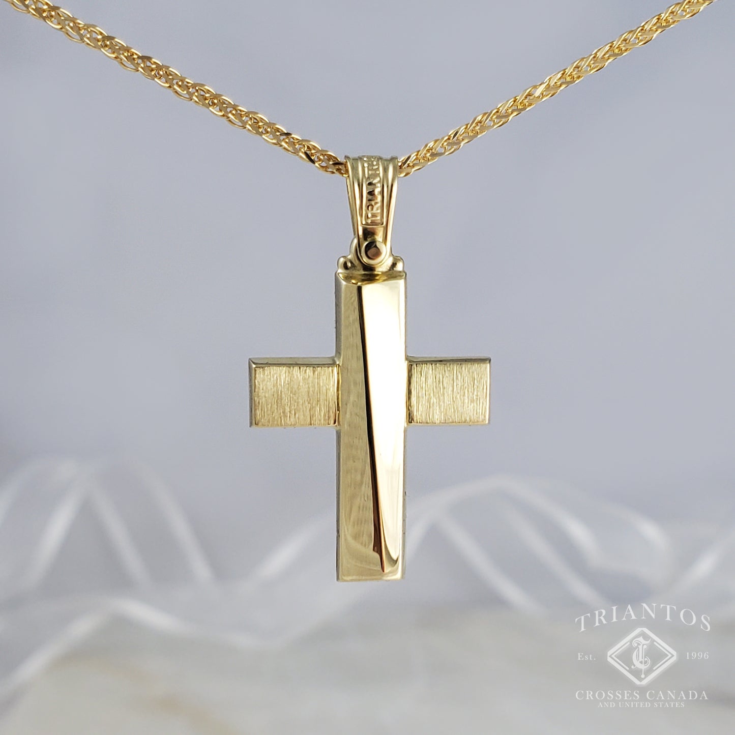 Split Edge 14k Yellow Gold Cross Pendant Necklace- Triantos Crosses