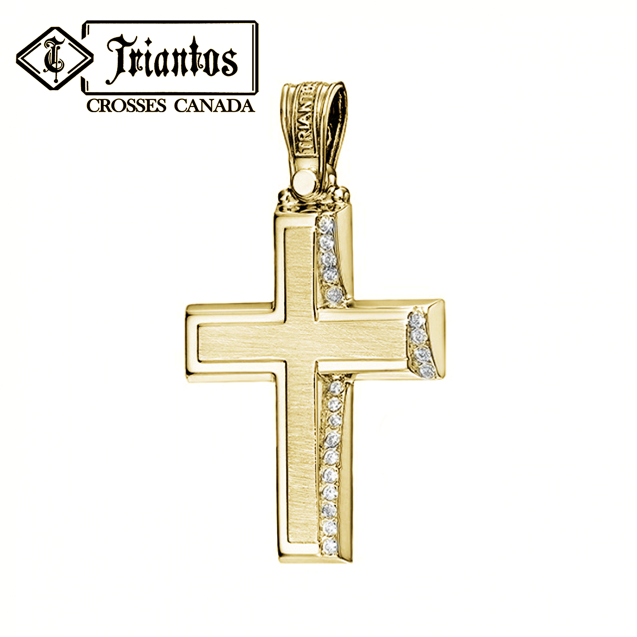 14K Yellow Gold Cross with Diamond shaped Stones on One Side