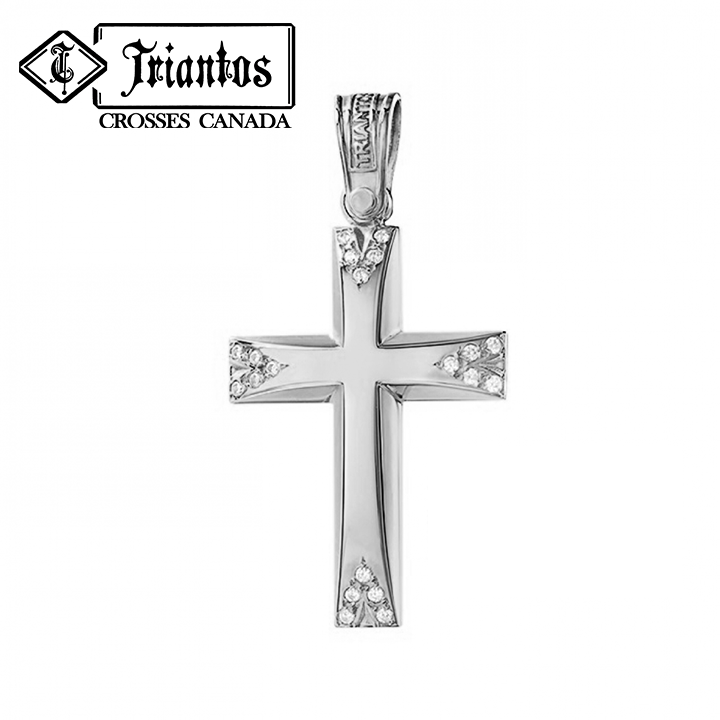 Solid Triantos 14K Cross Pendant lightly raised in high polish finish and cubic zirconia stones on the curved ends.