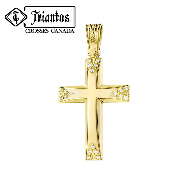 Solid yellow gold Triantos 14K Cross Pendant lightly raised in high polish finish and cubic zirconia stones on the curved ends.