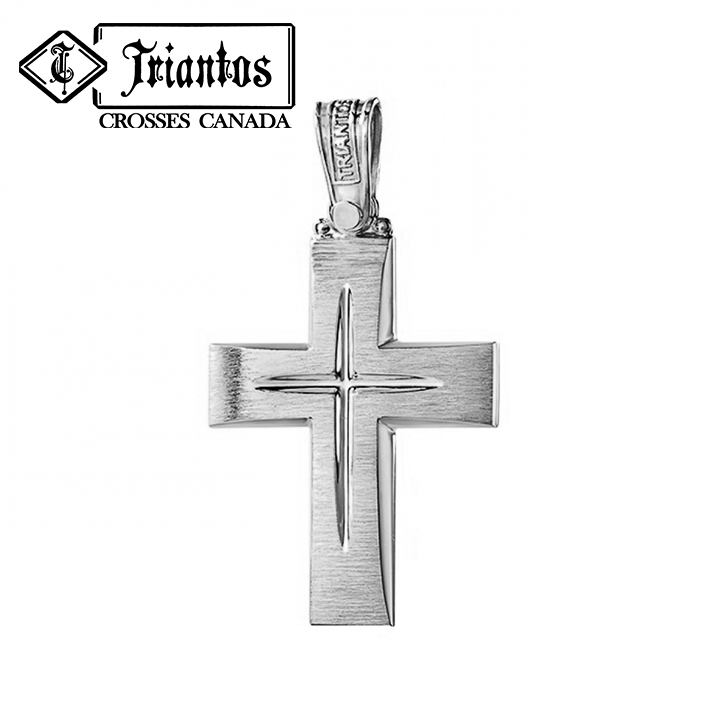 Solid Triantos 14K Gold Orthodox Christian cross with brush-stroke like finish. In the middle a Chiseled Polish Cross for design in white gold. 