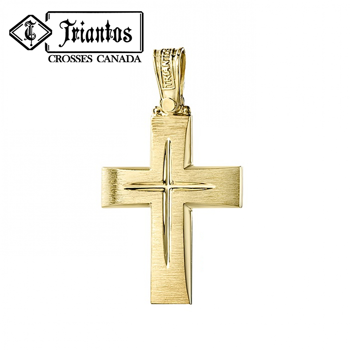 Solid Triantos 14K Gold Orthodox Christian cross with brush-stroke like finish. In the middle a Chiseled Polish Cross for design in white gold.