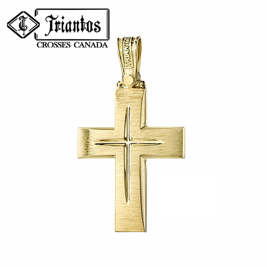 Solid Triantos 14K Gold Orthodox Christian cross with brush-stroke like finish. In the middle a Chiseled Polish Cross for design in white gold.