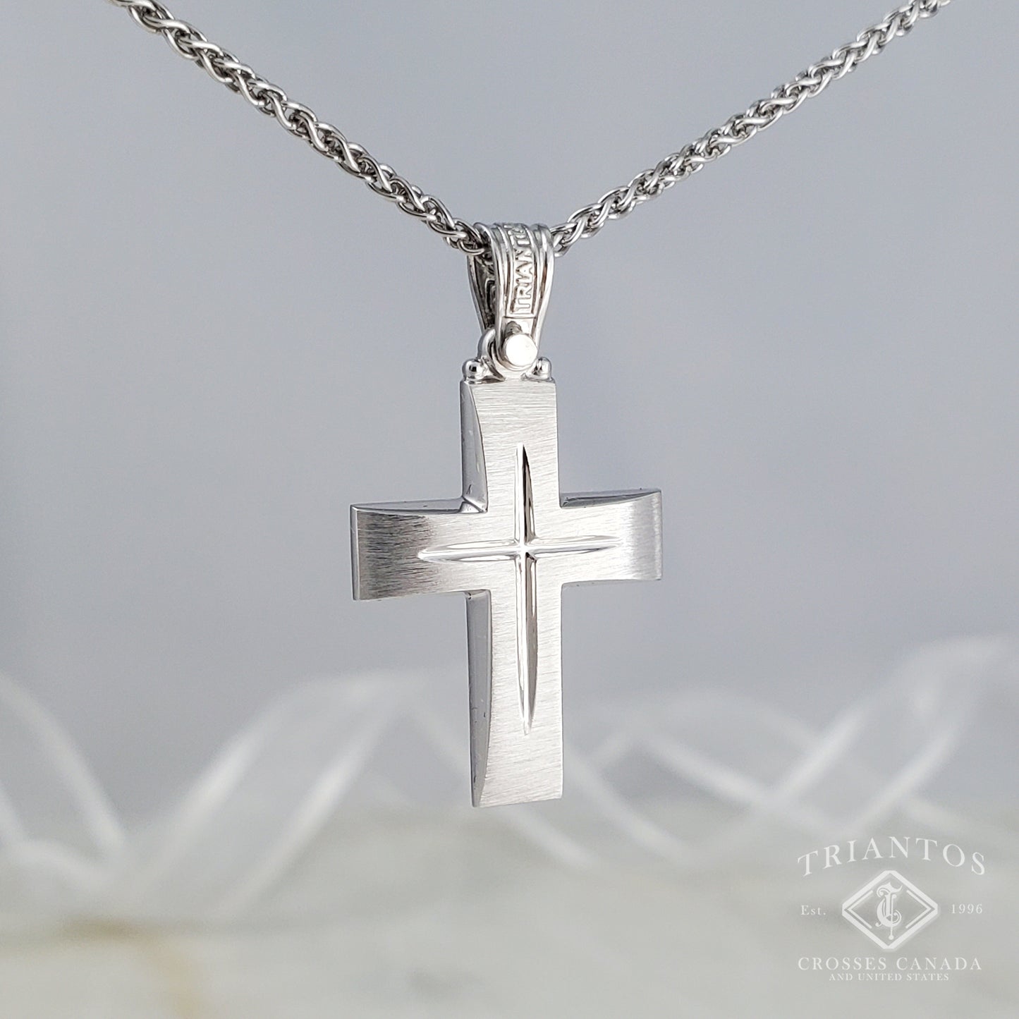 Solid Triantos 14K Gold Orthodox Christian cross with brush-stroke like finish. In the middle a Chiseled Polish Cross for design in white gold. 