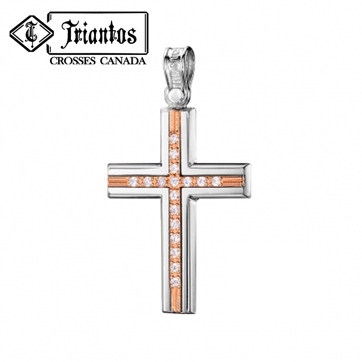 Solid Triantos 14K Gold Orthodox Christian cross pendant designed with a rose gold center and sparkling cubic zirconia stones in white gold