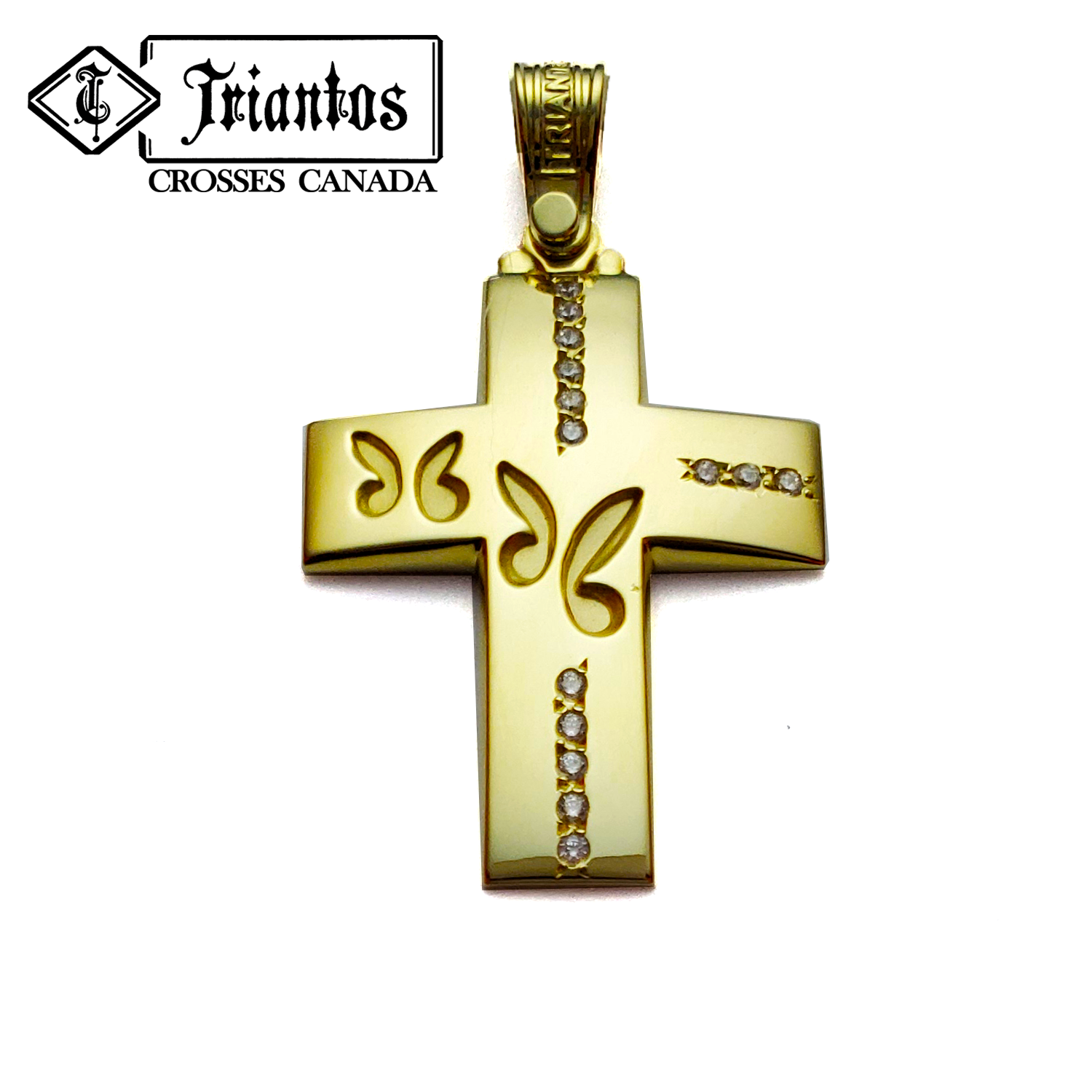 Triantos Yellow Gold Cross with stones and 2 butterfly engravings 