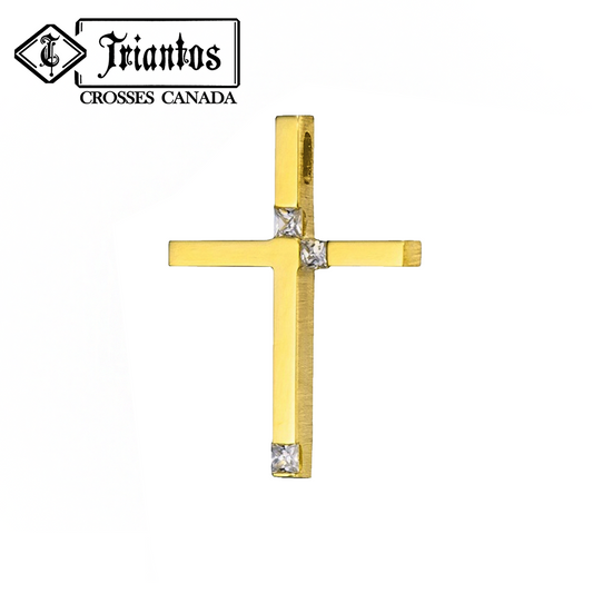 This contemporary design places 3 cubic zirconia stones that shine bright within the yellow gold