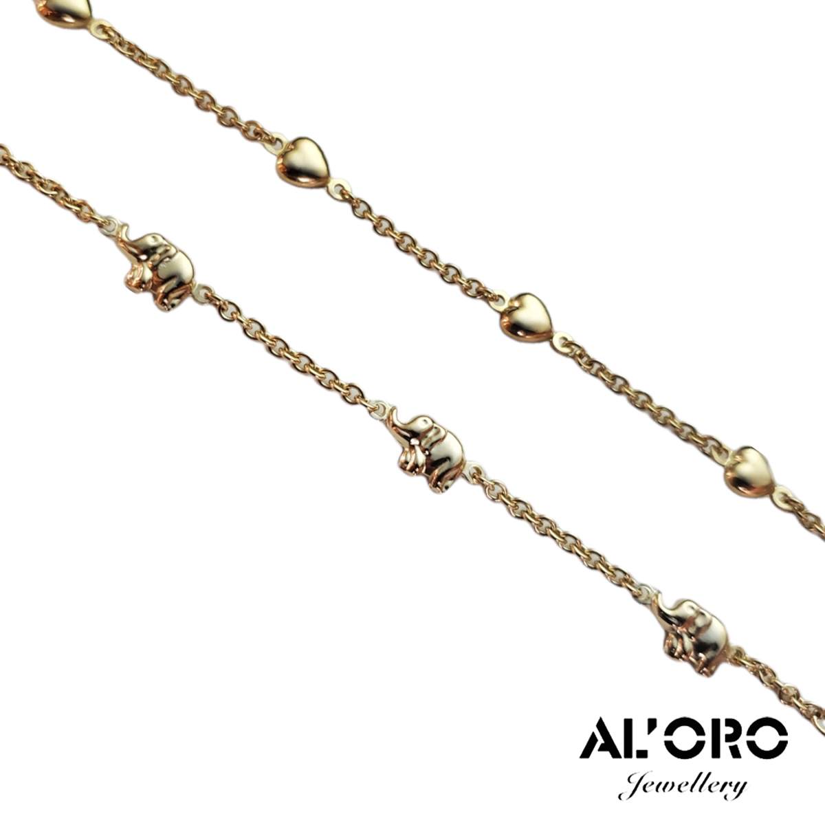 AL'ORO 14K Yellow Gold Kid Bracelet Elephant and Heart