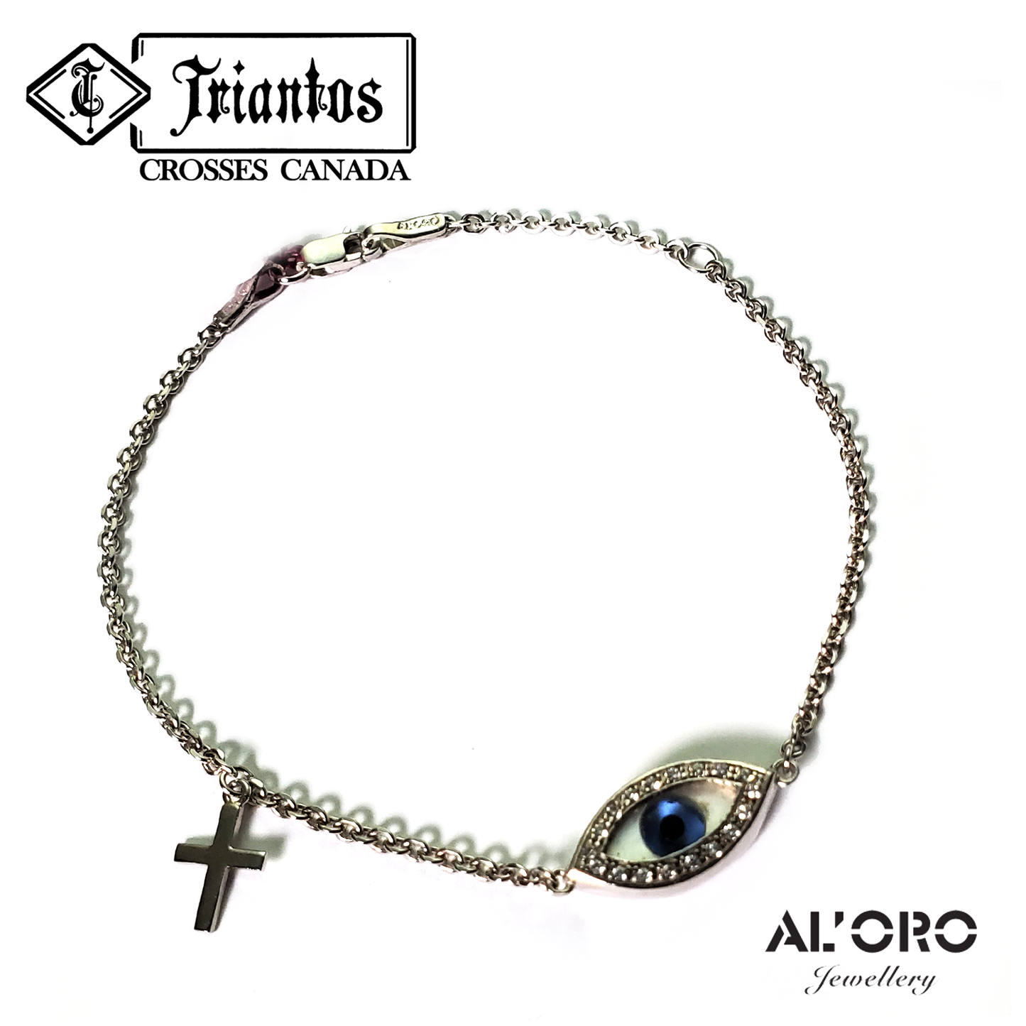 AL'ORO 14K White Gold Evil Eye And Cross With Iridescent White Seashell Bracelet