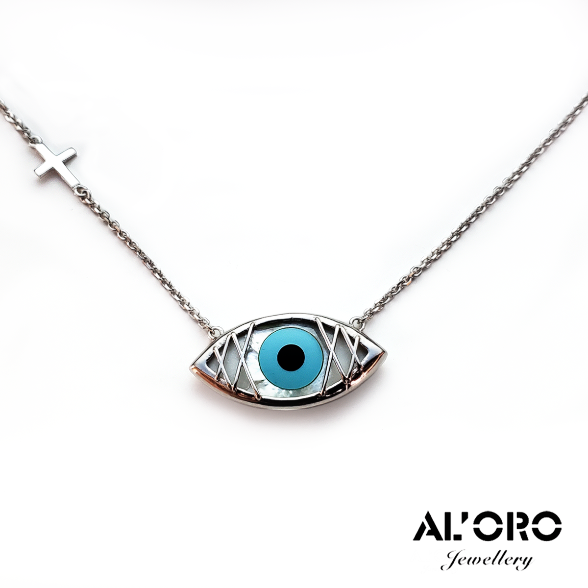 AL'ORO 14K Gold Big Evil Eye And Cross With Iridescent White Seashell Necklace Line Design