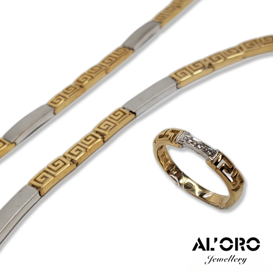 Greek Key 14K Gold Full Parure Jewelry Suit Matching Necklace Bracelet Ring